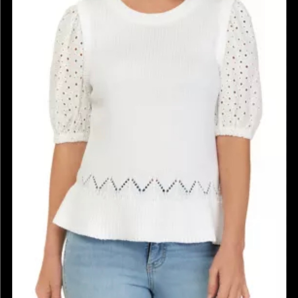 Crown & Ivy 2Fer White Eyelet Puff Sleeve Sweater Vest Top Size S
